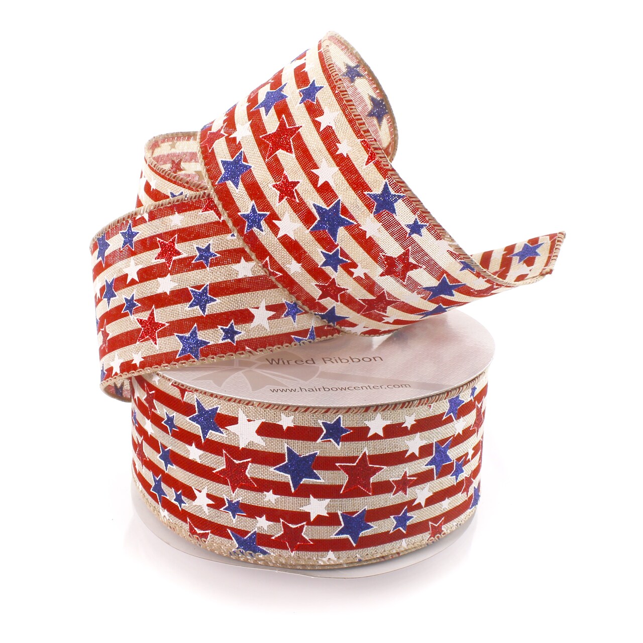 2 1/2" Wired Ribbon Glitter Stars and Stripes Burlap 25 Yards
